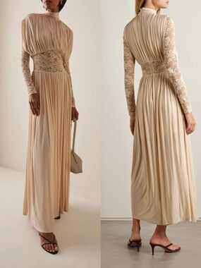 ZIMMERMANN Ruched stretch-jersey and lace maxi dress, cream, size 1, us6
